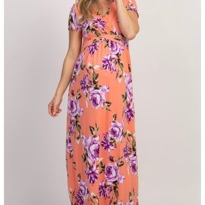 PinkBlush Peach Floral Maternity Nursing MaxiDress